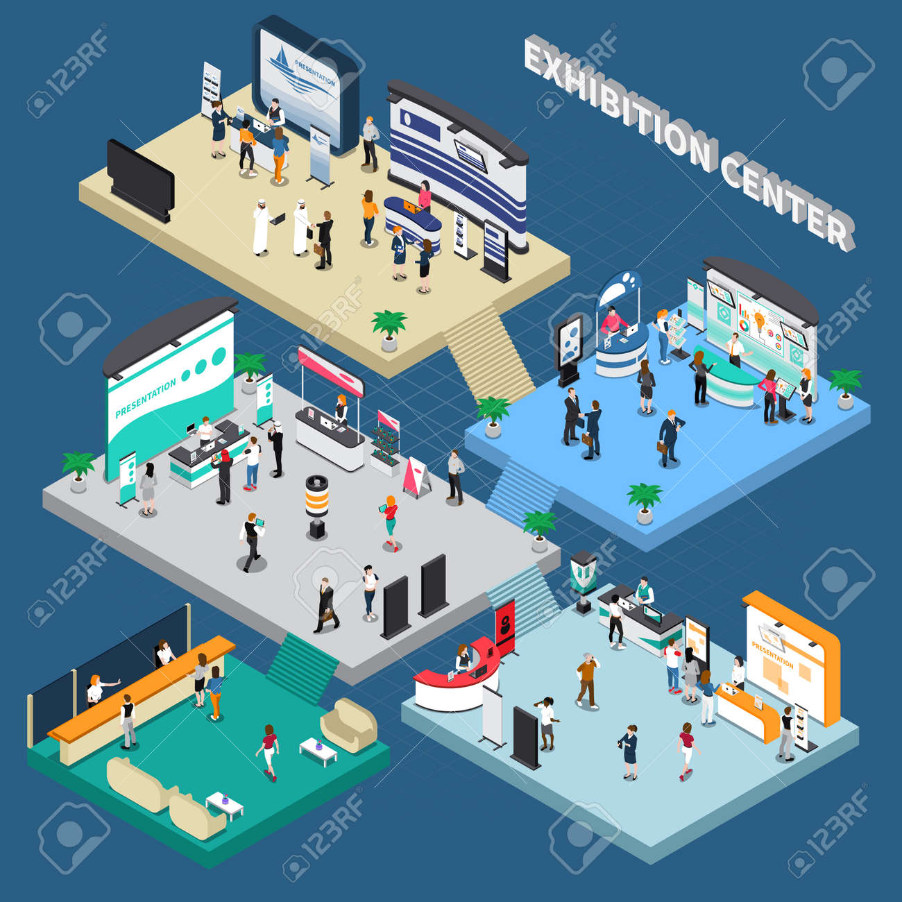 Multistory exhibition center isometric composition on blue background with exposition stands, business people, vector illustration - 165886197 Multistory exhibition center isometric composition on blue background with exposition stands, business people, vector illustration - 165886197