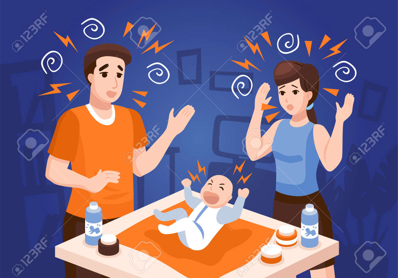 Infants sleeping problems composition with frustrated parents soothing crying newborn baby at night blue background vector illustration - 166187378 Infants sleeping problems composition with frustrated parents soothing crying newborn baby at night blue background vector illustration - 166187378