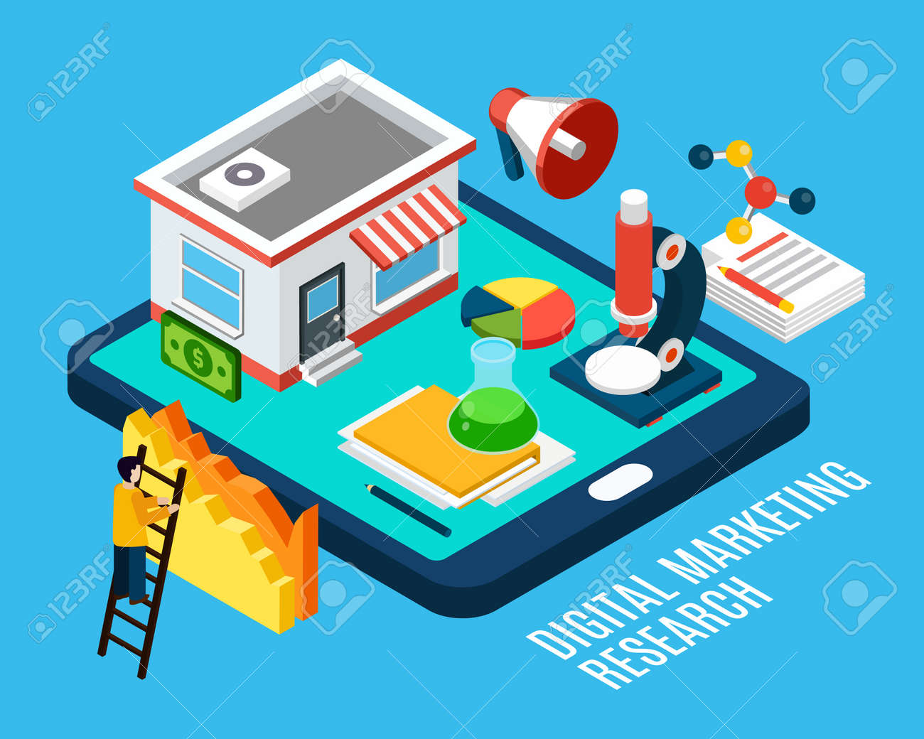 Digital Marketing Research And Tools Isometric Concept On Blue Background 3d Vector Illustration Royalty Free Cliparts, Vectors, And Stock Illustration. Image 166229338.