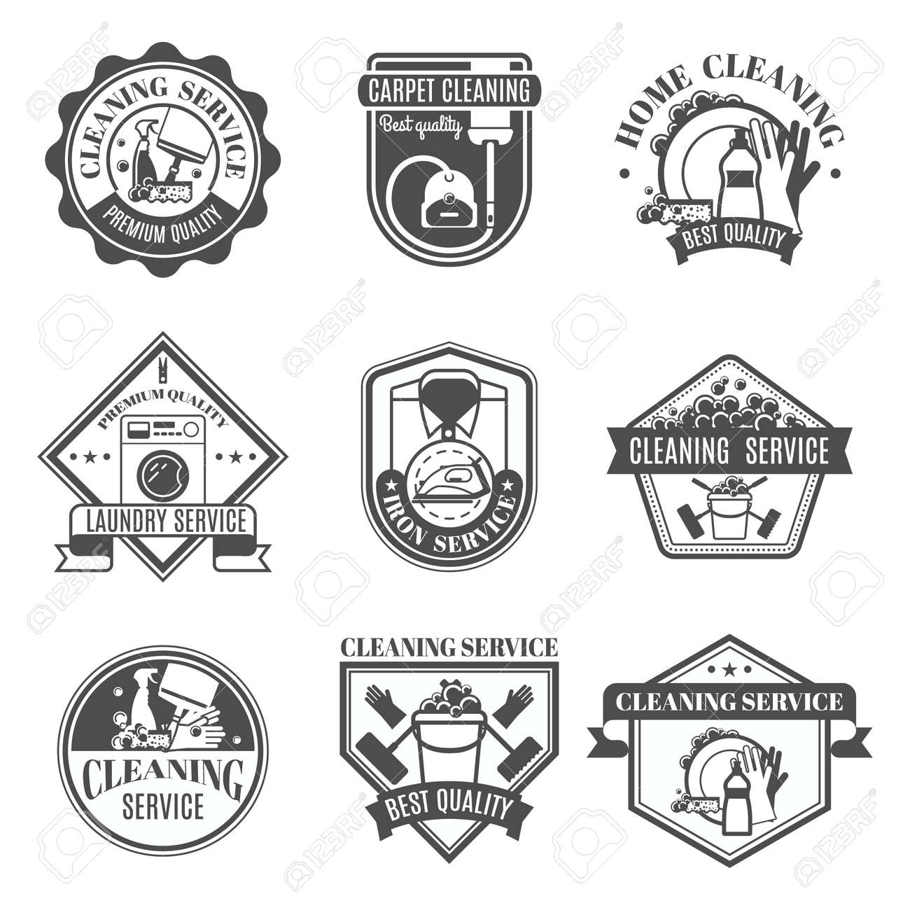 Isolated black and white cleaning emblems or stickers in different shapes and types with ribbons vector illustration - 166472282 Isolated black and white cleaning emblems or stickers in different shapes and types with ribbons vector illustration - 166472282