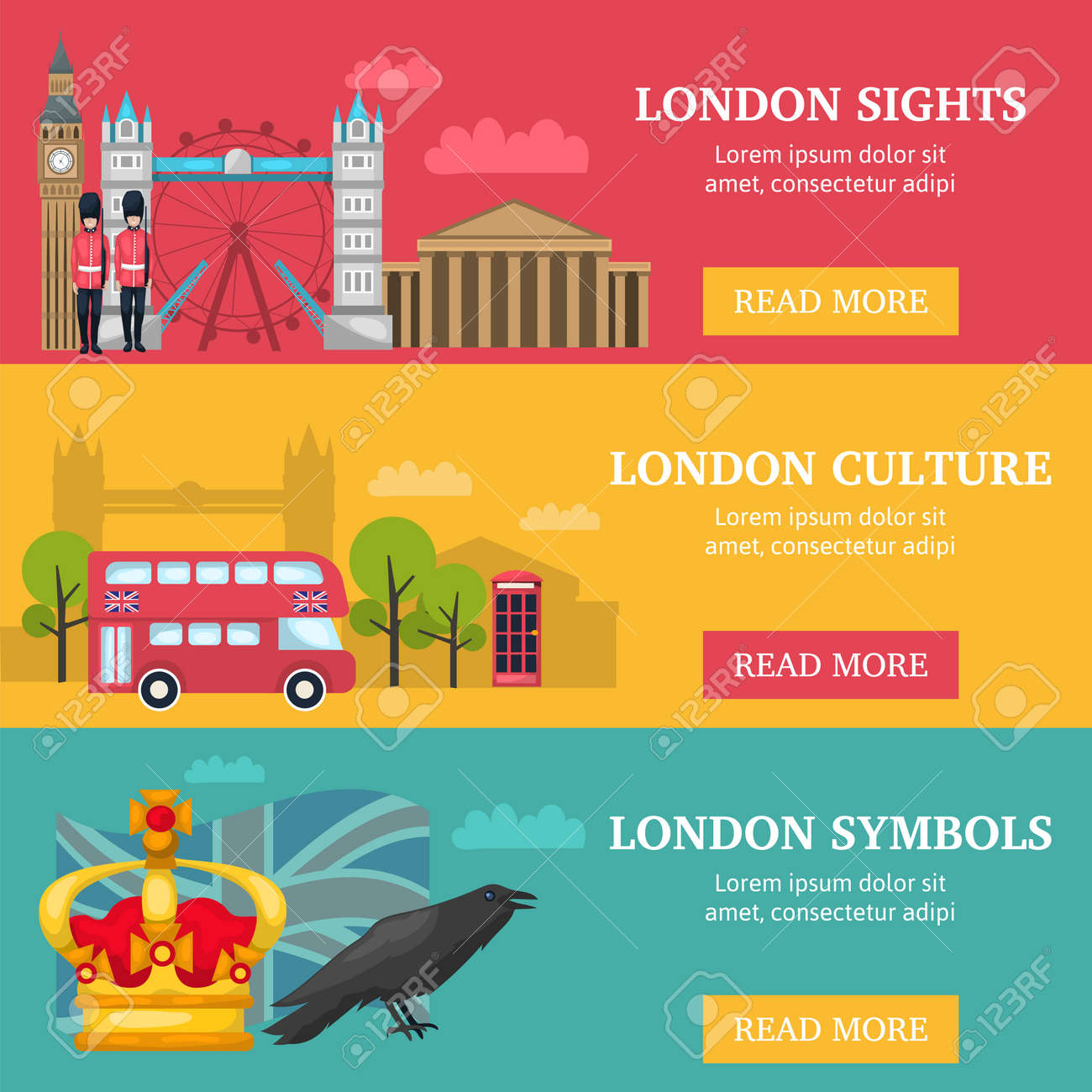 Three horizontal london banner set with London sights culture and symbols descriptions vector illustration - 166477053 Three horizontal london banner set with London sights culture and symbols descriptions vector illustration - 166477053