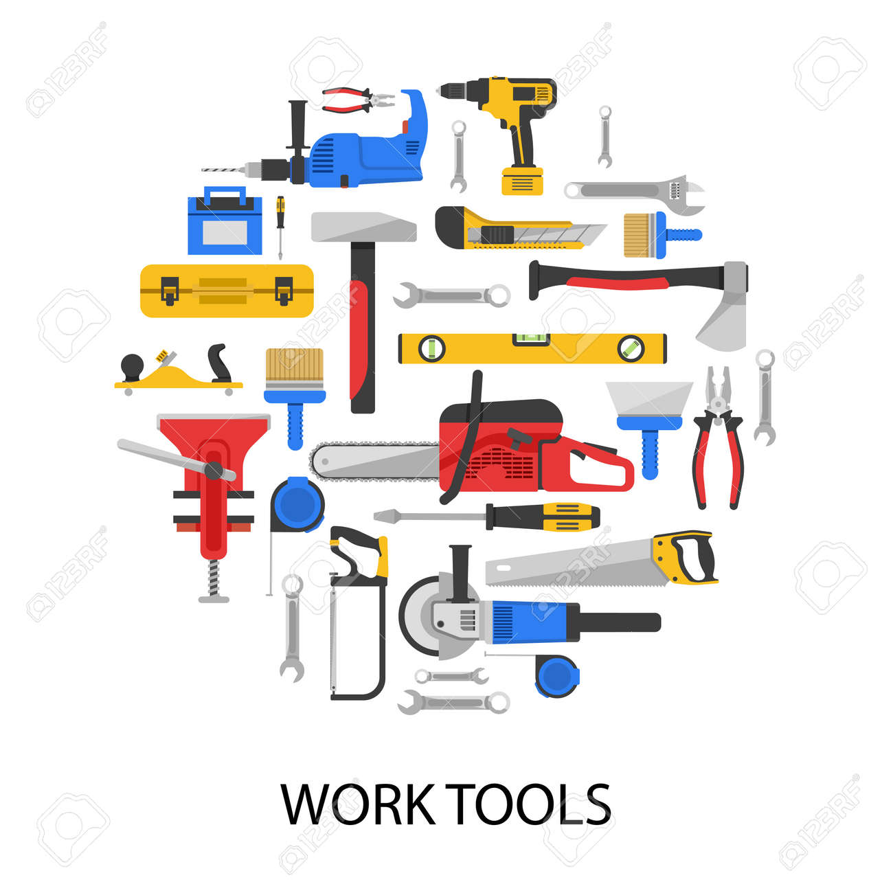 Work tools set in round shape with saws drills wrenches vice axe pliers grinder isolated vector illustration - 166645179 Work tools set in round shape with saws drills wrenches vice axe pliers grinder isolated vector illustration - 166645179