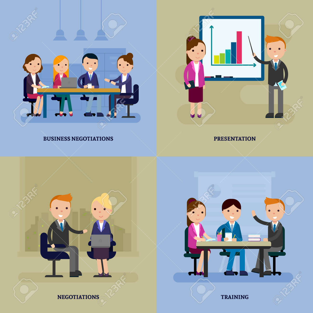 Business negotiation flat template with people at meeting brainstorming conference and training vector illustration - 166522163 Business negotiation flat template with people at meeting brainstorming conference and training vector illustration - 166522163