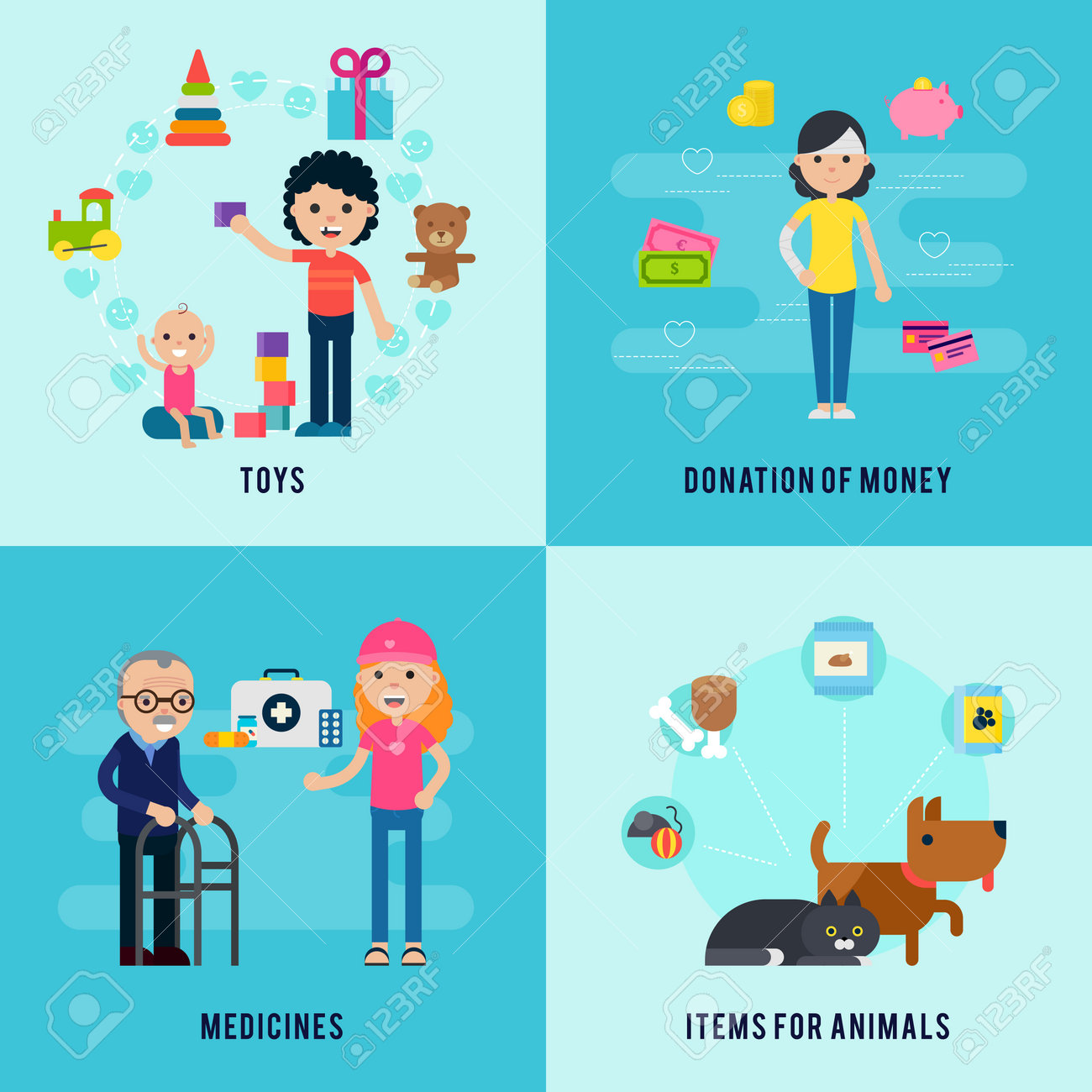 Charity flat concept with support and help to children old people and animals vector illustration - 166509584 Charity flat concept with support and help to children old people and animals vector illustration - 166509584