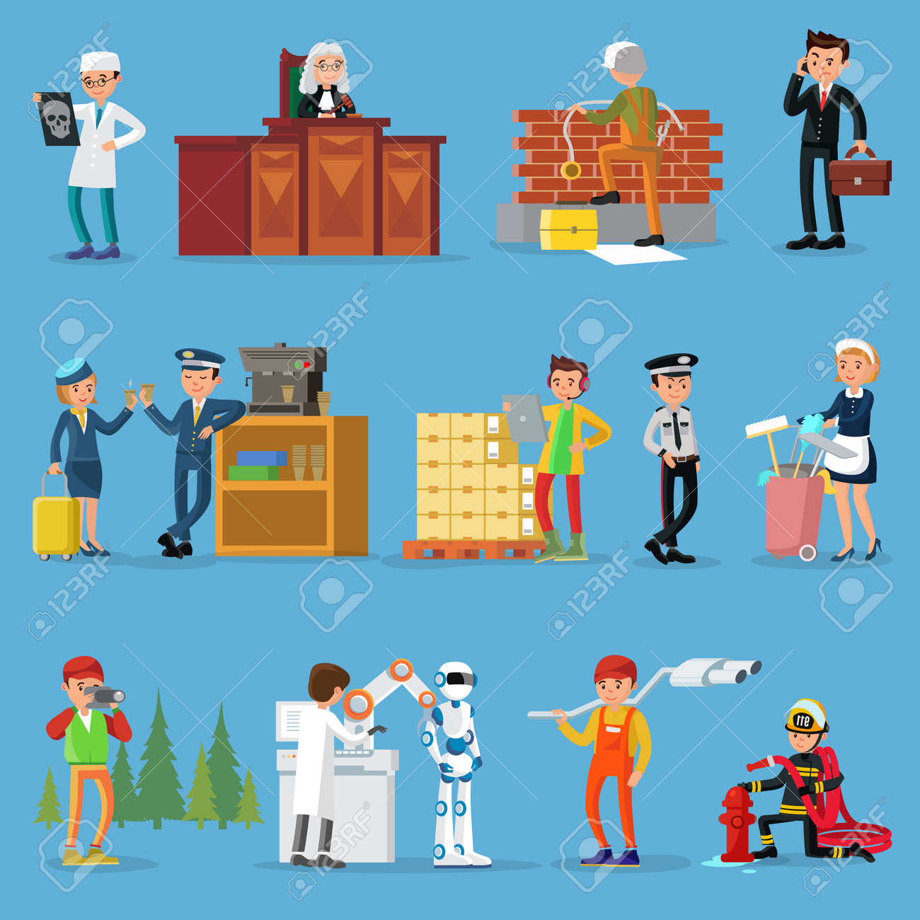 People professions set with doctor judge builder businessman pilot stewardess warehouse worker policeman maid photographer scientist mechanic firefighter isolated vector illustration - 166511242 People professions set with doctor judge builder businessman pilot stewardess warehouse worker policeman maid photographer scientist mechanic firefighter isolated vector illustration - 166511242