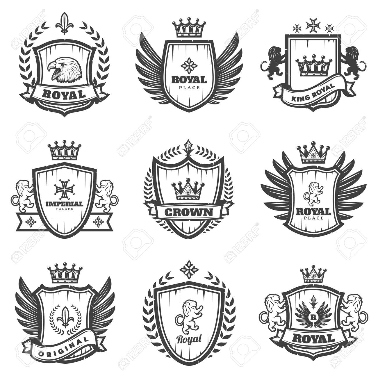 Vintage monochrome heraldic emblems set with ornate coats of arms and medieval blazons isolated vector illustration - 166588008 Vintage monochrome heraldic emblems set with ornate coats of arms and medieval blazons isolated vector illustration - 166588008