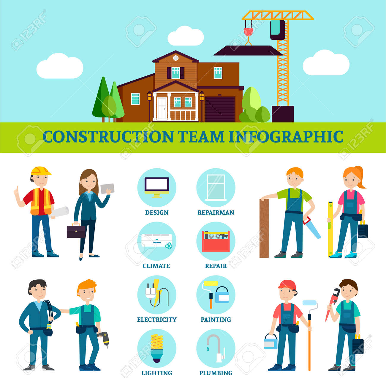 Construction team infographic template with house repair workers with professional equipment and tools in flat style vector illustration - 166616829 Construction team infographic template with house repair workers with professional equipment and tools in flat style vector illustration - 166616829