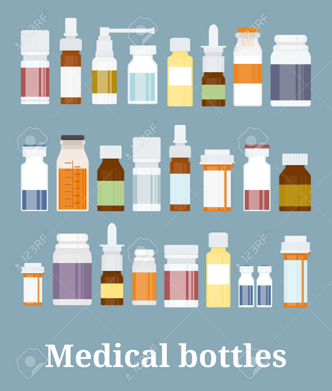 Medicine bottles collection. Bottles of drugs, tablets, capsules and sprays. Vector illustration - 166721889 Medicine bottles collection. Bottles of drugs, tablets, capsules and sprays. Vector illustration - 166721889