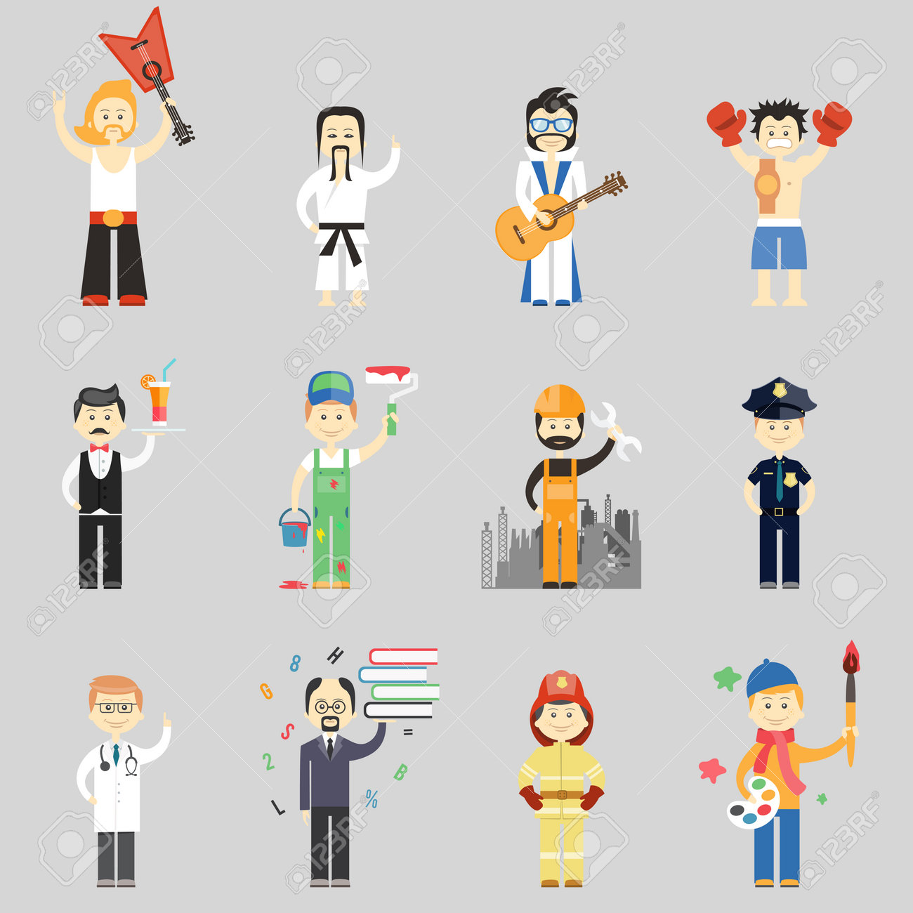 Set of vector characters in different professions including martial arts musicians waiter painter construction worker policeman doctor professor fireman and artist - 166779429 Set of vector characters in different professions including martial arts musicians waiter painter construction worker policeman doctor professor fireman and artist - 166779429