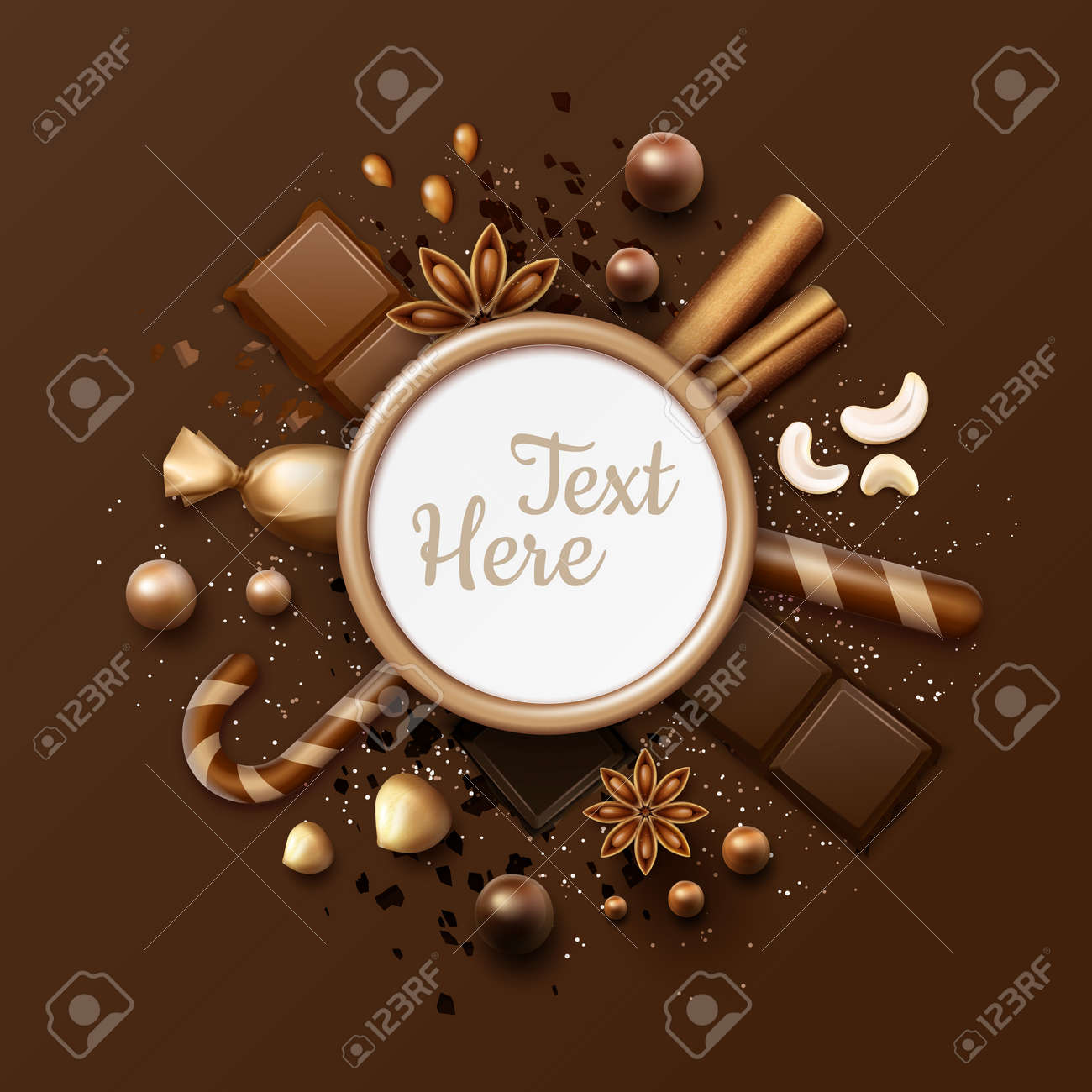 Moldura plana de chocolate vetorial com doces de bola, paus de canela, anis estrelados, nozes, doces em wrapper brilhante, pirulitos listrados e lugar para texto ou copyspace close up top view - 187172389 Moldura plana de chocolate vetorial com doces de bola, paus de canela, anis estrelados, nozes, doces em wrapper brilhante, pirulitos listrados e lugar para texto ou copyspace close up top view - 187172389