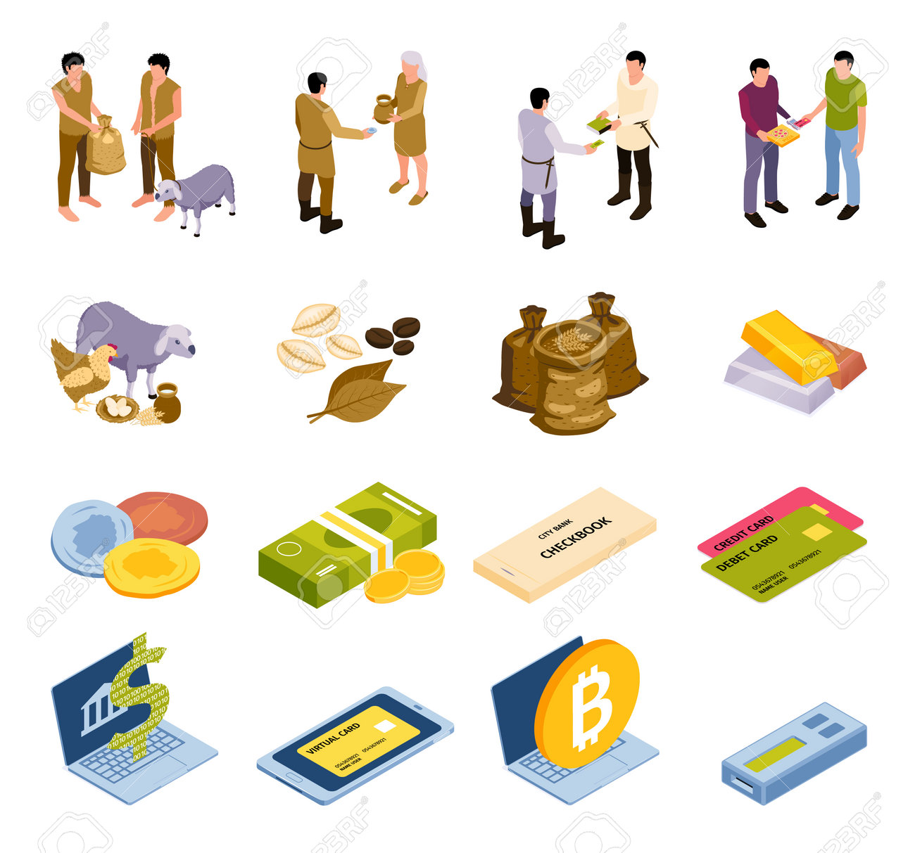 商品の物々交換から現代の紙幣と電子ビットコインのアイソメトリックセットへのお金の進化分離型ベクターイラストのイラスト素材・ベクター Image  197944992