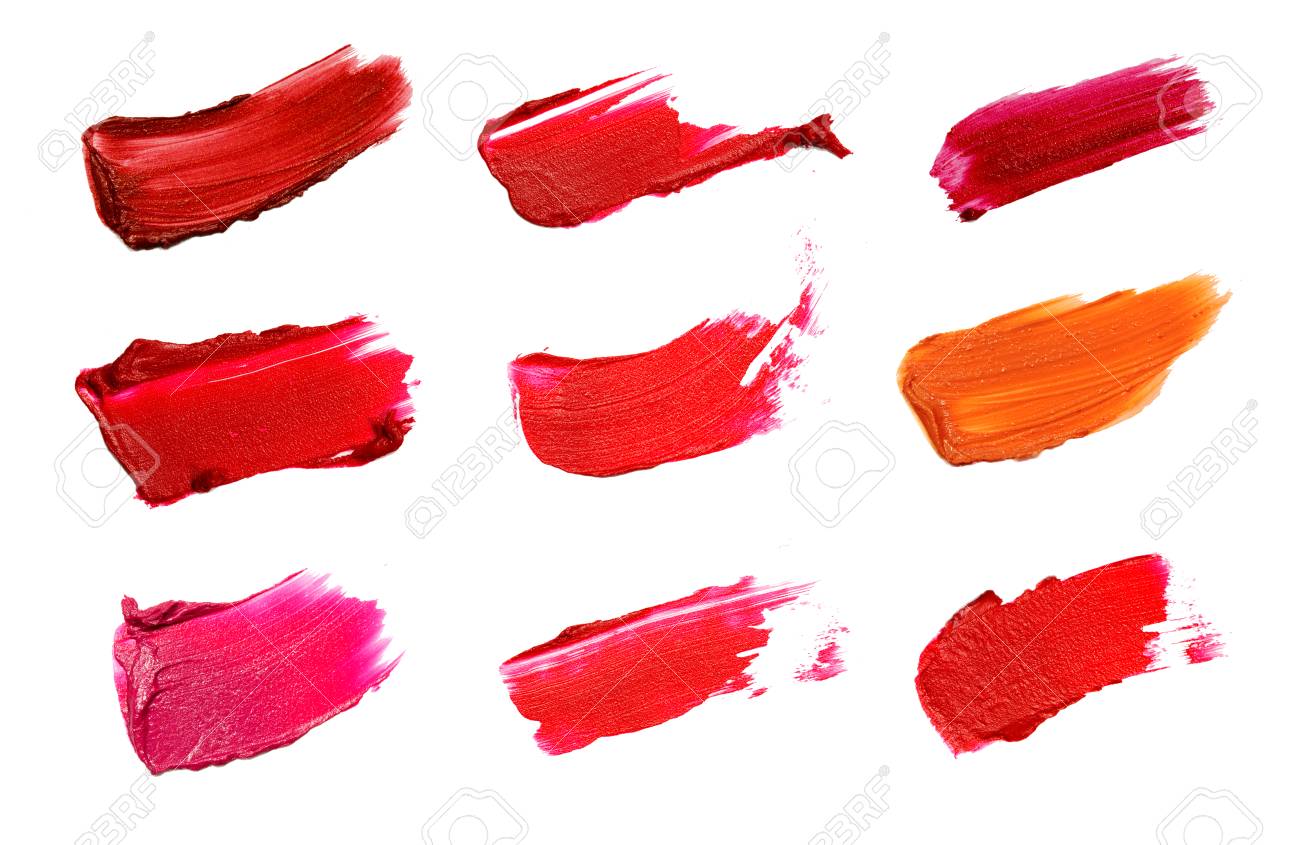 Collage of decorative cosmetics color brush lipstick strokes on white background. Beauty and makeup concept. - 72633541 Collage of decorative cosmetics color brush lipstick strokes on white background. Beauty and makeup concept. - 72633541