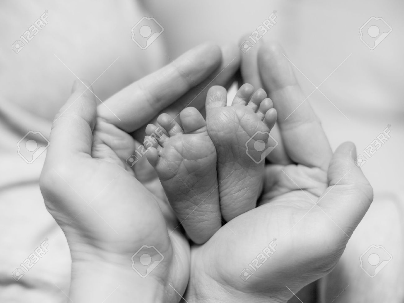 Baby legs legs newborn in parents hand black and white photo stock photo