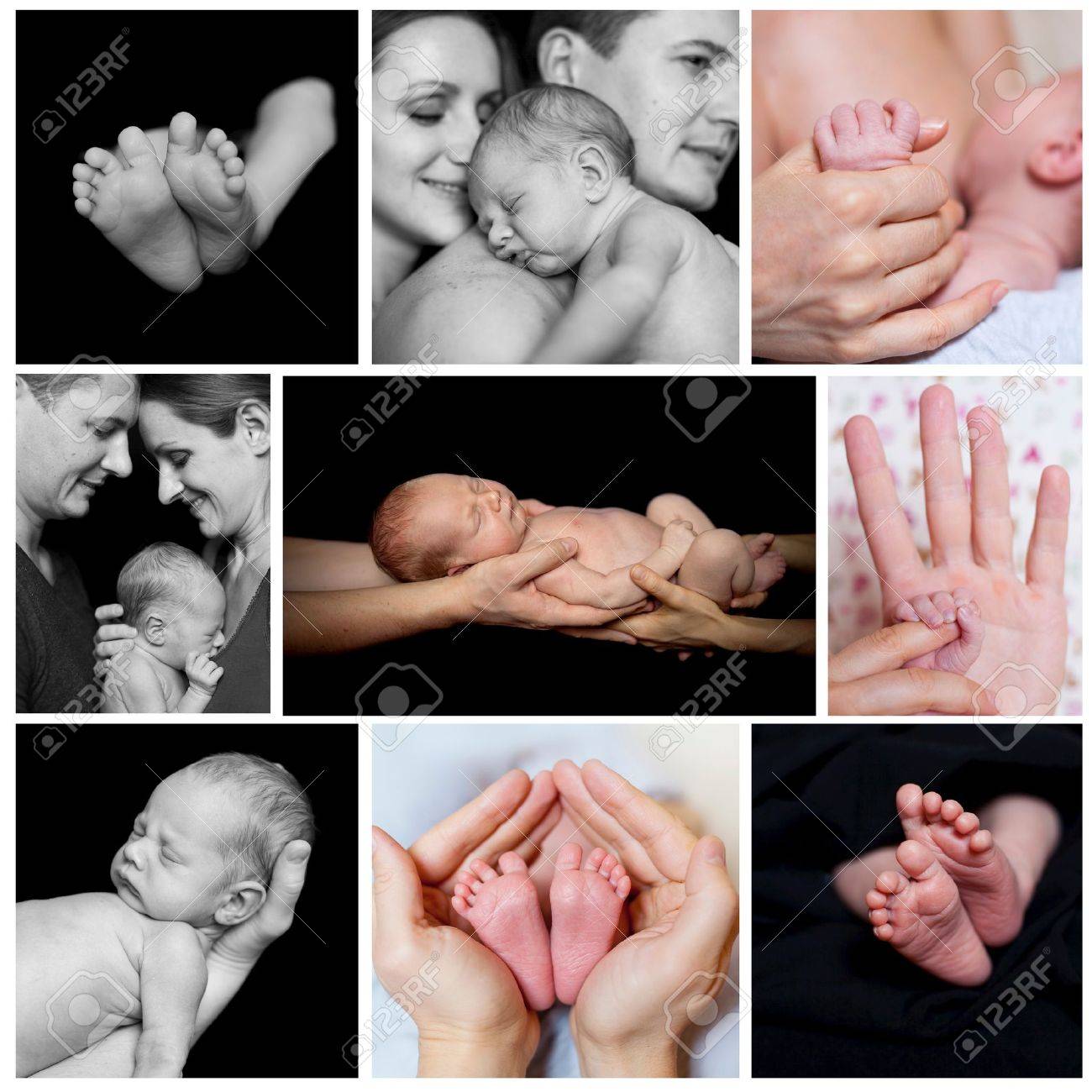 Collage Of Images Newborn Baby In A Parent Hands Black And White Photo Stock Photo Picture And Royalty Free Image Image