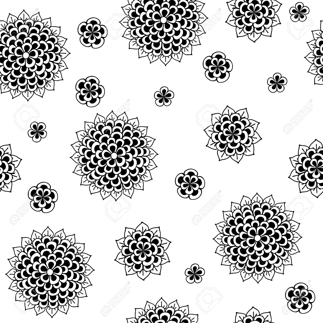 Doodle Zentangle Floral Pattern Vector Seamless Texture With Abstract Monochrome Flowers Chrysanthemum And Leaves On