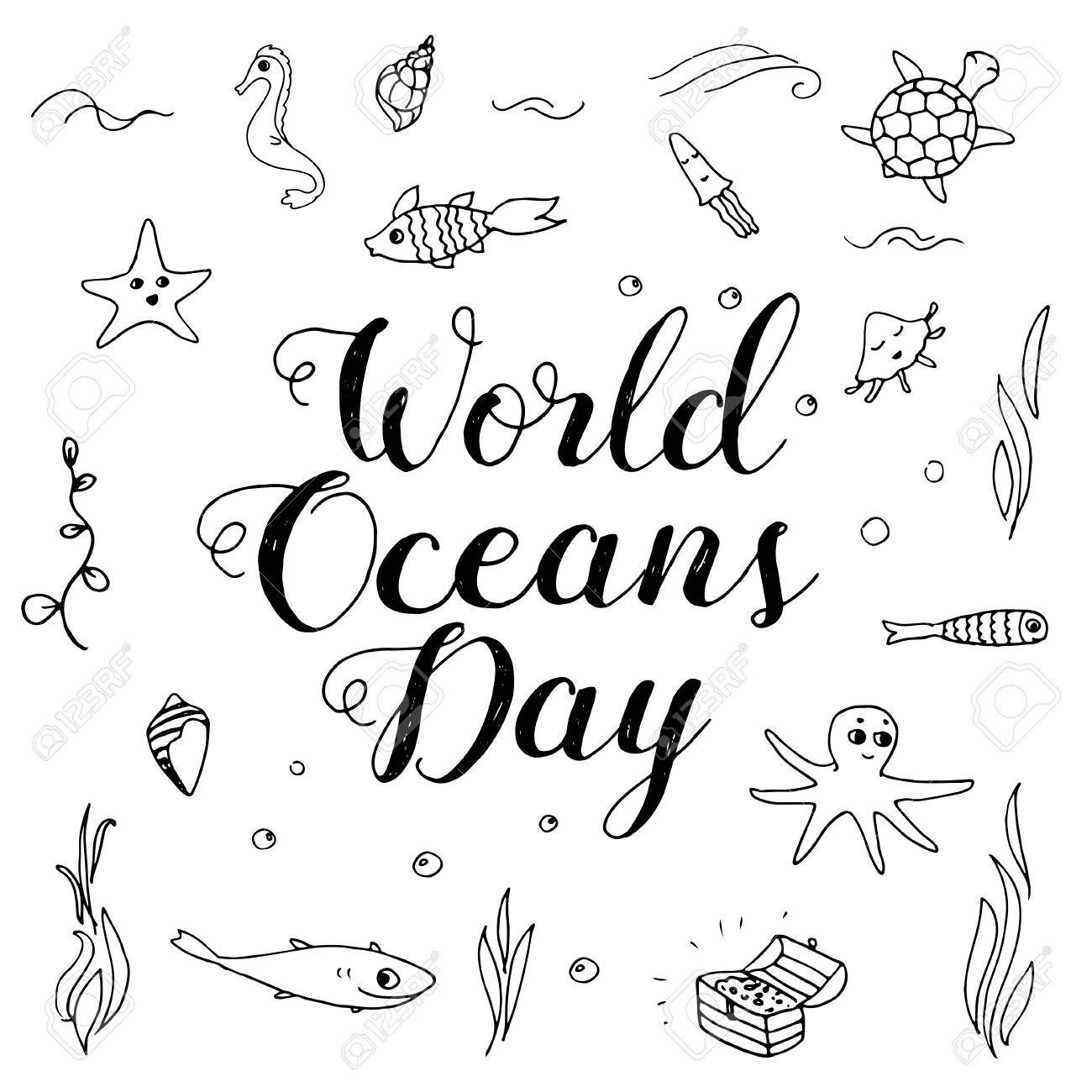 世界の海洋日レタリングや落書きイラスト ポスター 楽しい落書き海の生き物 のイラスト素材 ベクタ Image
