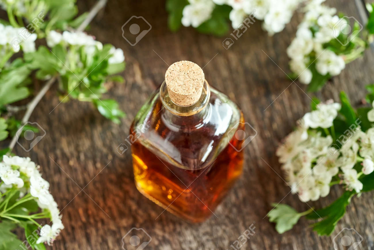 A bottle of herbal tincture with hawthorn flowers and leaves in spring - 169337974 A bottle of herbal tincture with hawthorn flowers and leaves in spring - 169337974