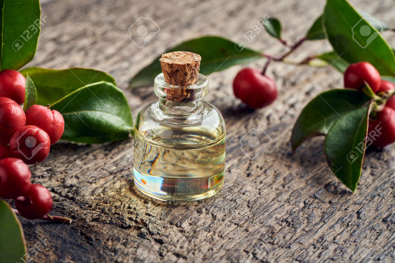 A bottle of essential oil with wintergreen leaves and berries on a wooden table - 169337980 A bottle of essential oil with wintergreen leaves and berries on a wooden table - 169337980