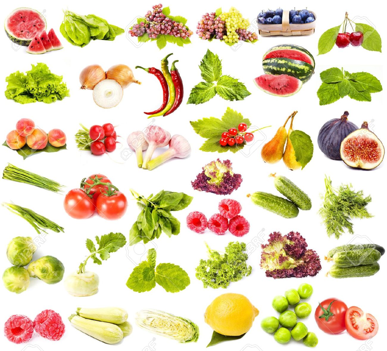 collection set of fresh juicy fruits vegetables and berries stock