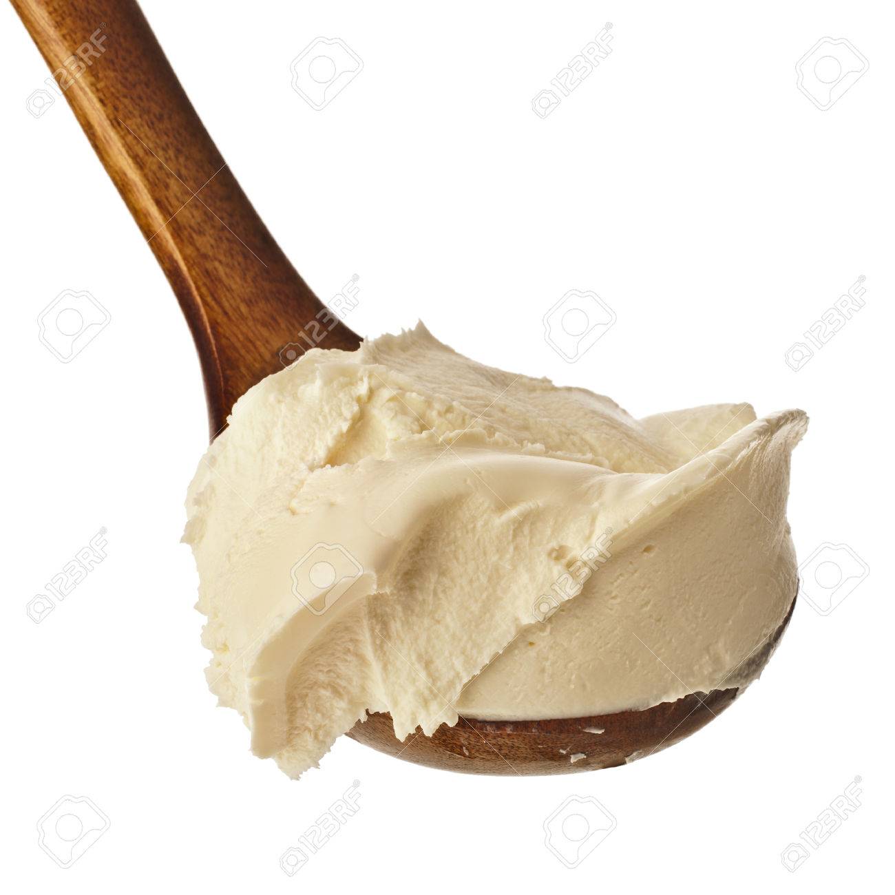 木のスプーンで白い背景に分離されたのマスカルポーネ の写真素材 画像素材 Image