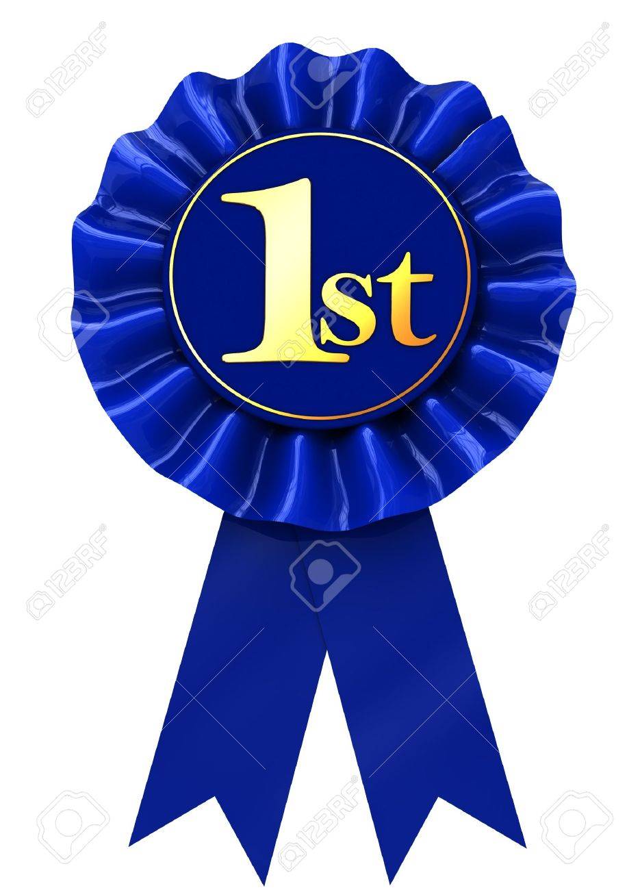 3d illustration of first place blue ribbon over white background first place blue ribbon