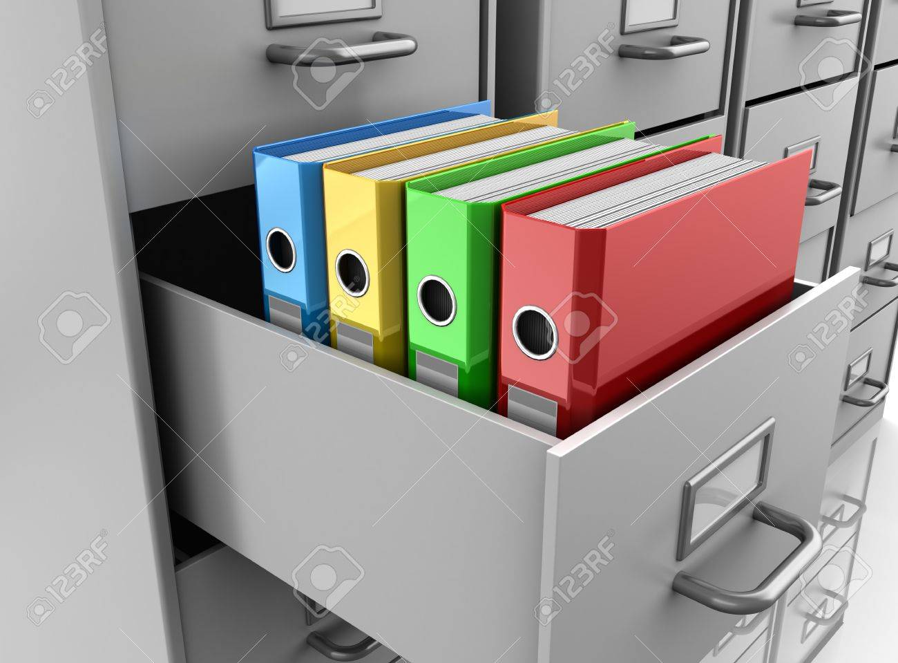 3d Illustrations Of Multicolored Binder Folders In Grey Filing