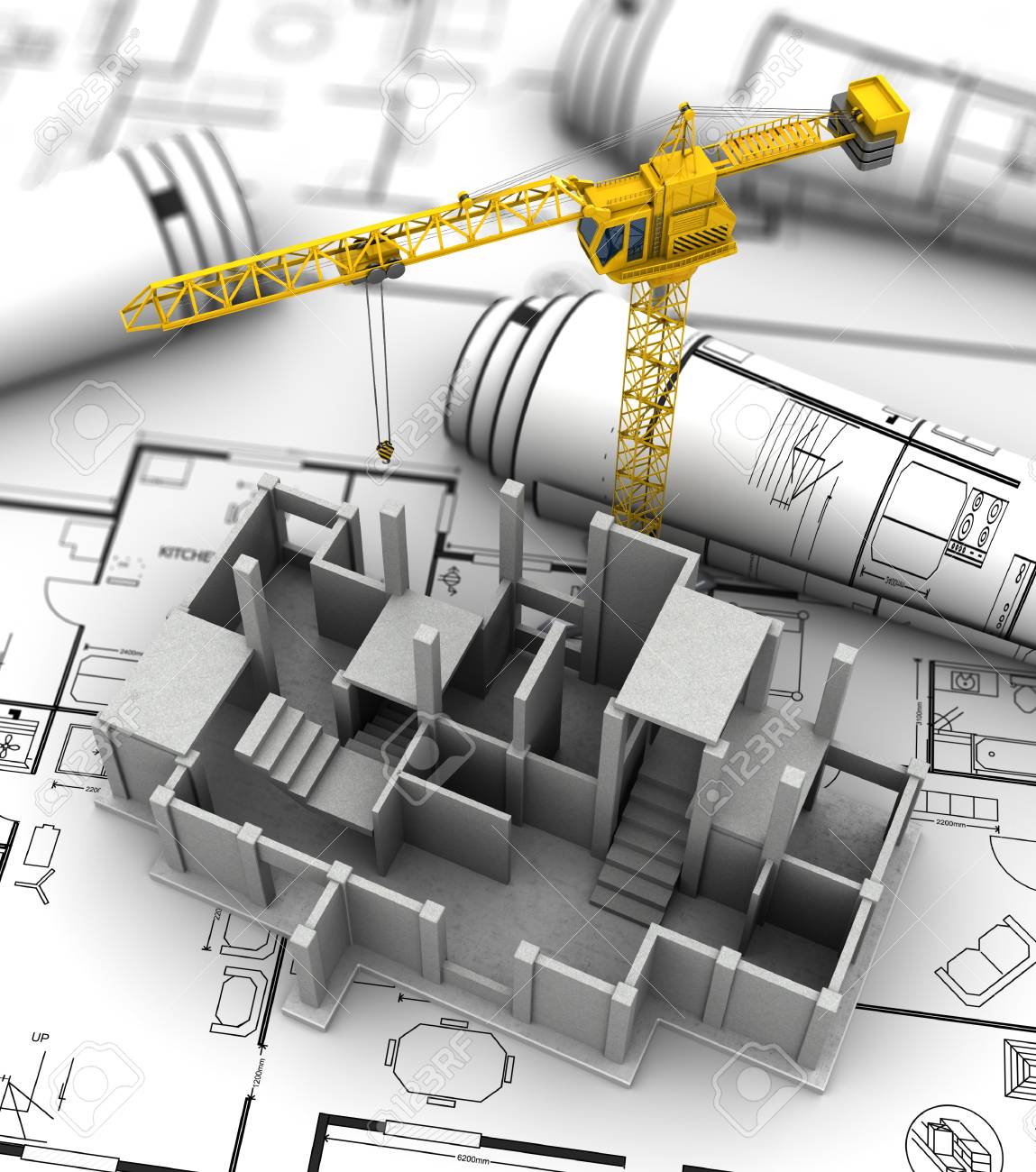 3d Illustration Of Crane And Concrete Building Constrution Over Blueprints  Background Stock Photo, Picture and Royalty Free Image. Image 57874626., image size:1149x1300