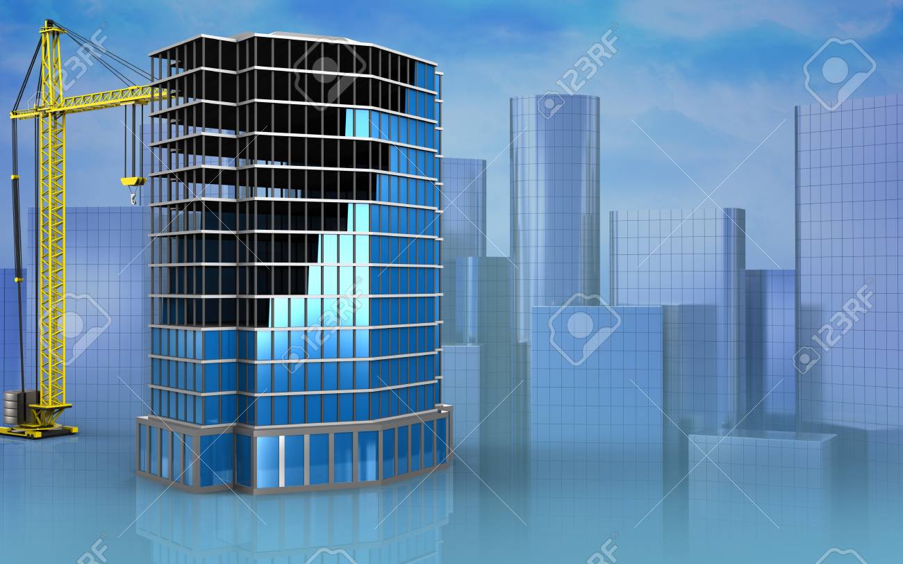 Skyscrappers の背景にクレーンでオフィスビル建設の3d イラスト の