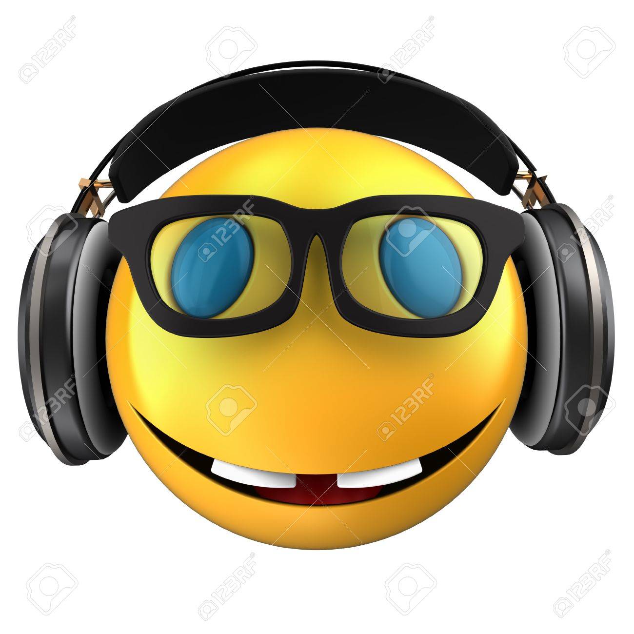 白の背景上の黒いヘッドフォンで笑顔の黄色の絵文字の3d イラスト の写真素材 画像素材 Image