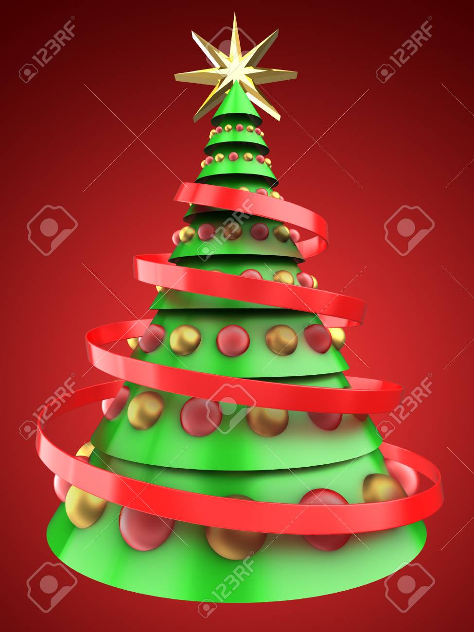 クリスマス ツリーのガラス玉と赤い背景の上の緑に光の 3 D イラストレーション の写真素材 画像素材 Image