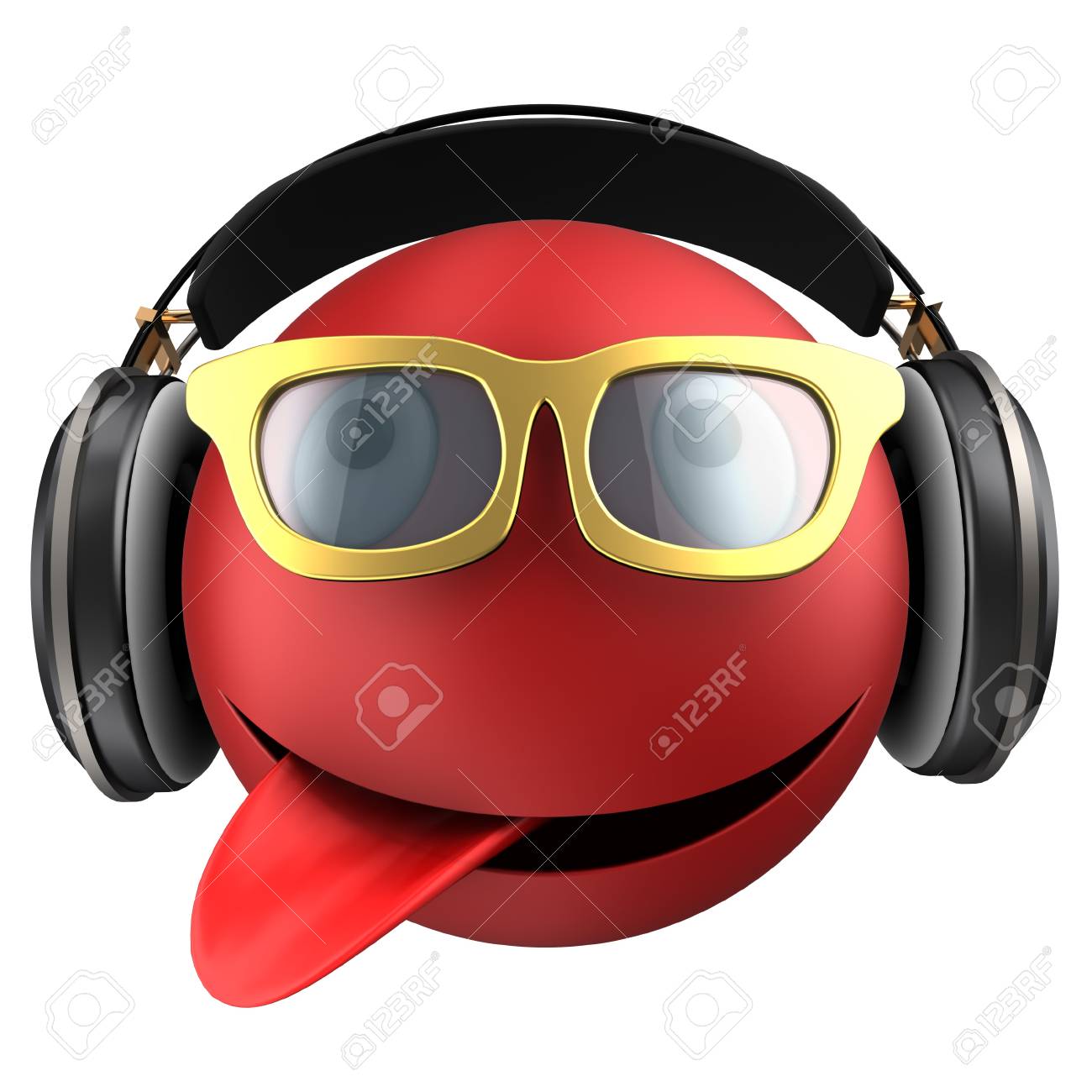 赤い顔の 3 D イラストは白の背景の上黒のヘッドフォンで笑顔します の写真素材 画像素材 Image