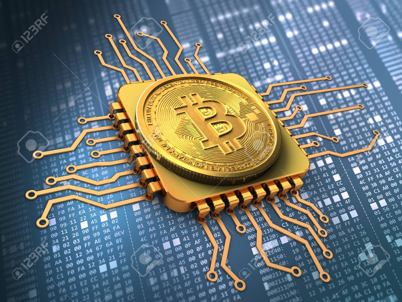 CPU 골드와 16 진수 배경 이상의 Bitcoin의 3d 일러스트 로열티 무료 사진, 그림, 이미지 그리고 스톡포토그래피. Image  88050334