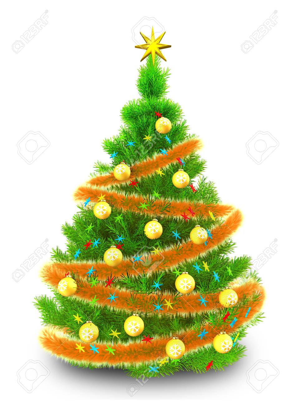 白い背景の上の光る見掛け倒しとネオン グリーン クリスマス ツリーの 3 D イラストレーション の写真素材 画像素材 Image