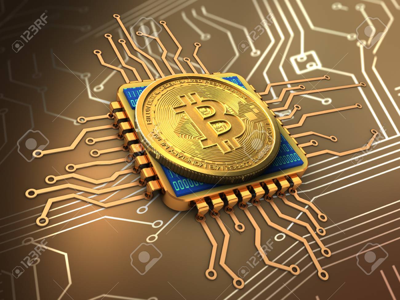 Cpu 금으로 회로 배경 위에 Bitcoin의 3d 일러스트 로열티 무료 사진, 그림, 이미지 그리고 스톡포토그래피. Image  89083738