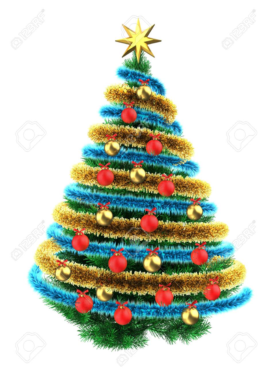 3d Darstellung Der Weihnachtsbaum Auf Weissem Hintergrund Mit Lametta Blueand Roten Kugeln Lizenzfreie Fotos Bilder Und Stock Fotografie Image 89084132