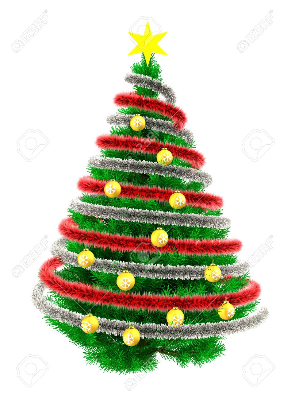 Albero Di Natale Bianco Rosso E Verde.Immagini Stock 3d Illustrazione Di Albero Di Natale Verde Su Bianco Con Palline Gialle E Rosso Frippery Image 89085940