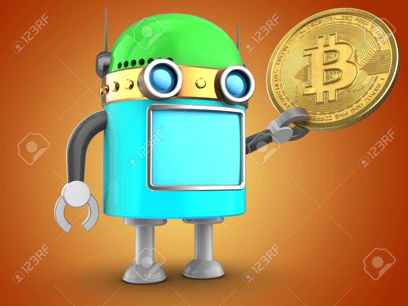 오렌지 배경 위에 비트 코인 로봇의 3d 일러스트 로열티 무료 사진, 그림, 이미지 그리고 스톡포토그래피. Image 97637563