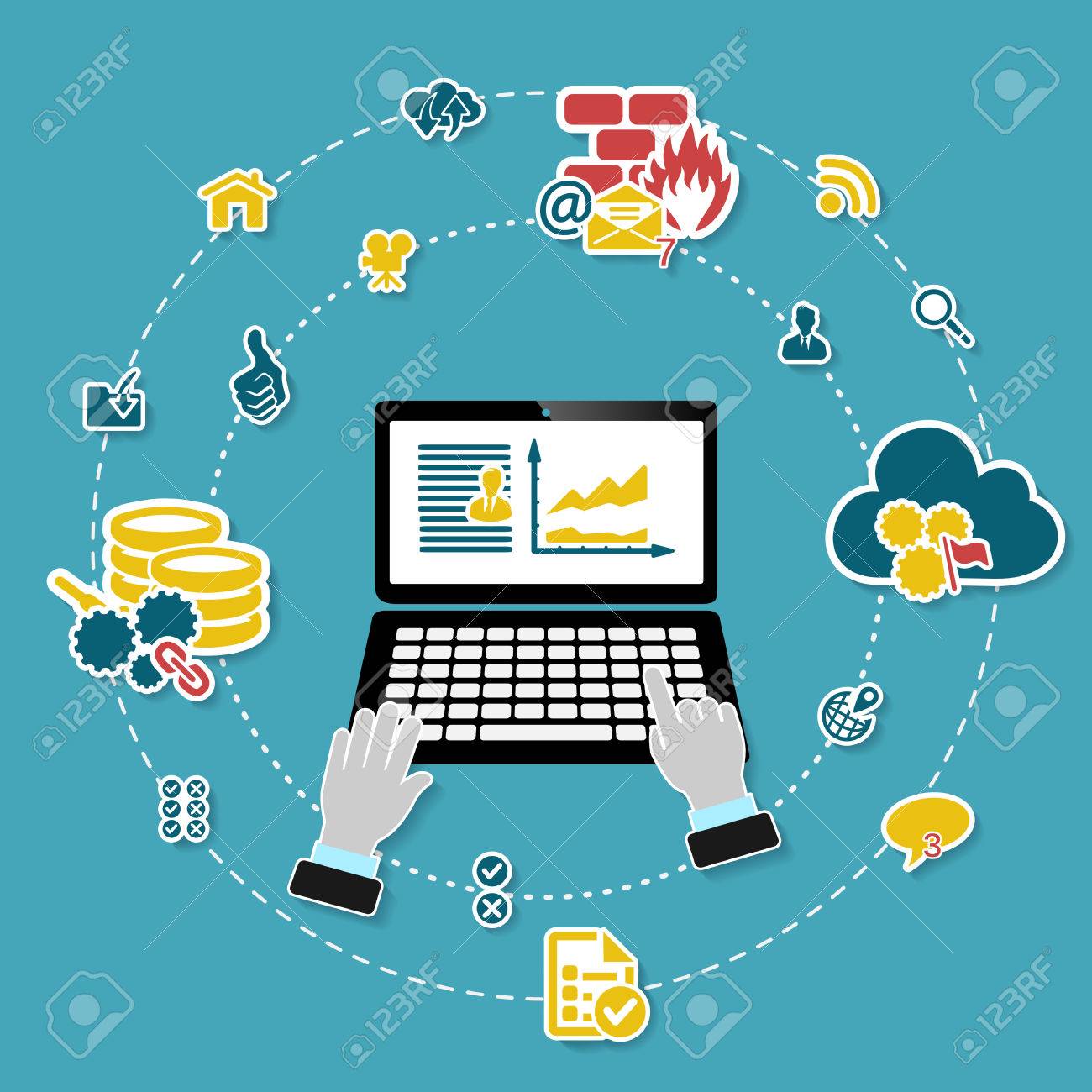 インターネット作業ノート パソコンと青の背景にアイコン イラストのイラスト素材 ベクタ Image インターネット作業ノート パソコンと青の背景にアイコン イラストのイラスト素材 ベクタ Image