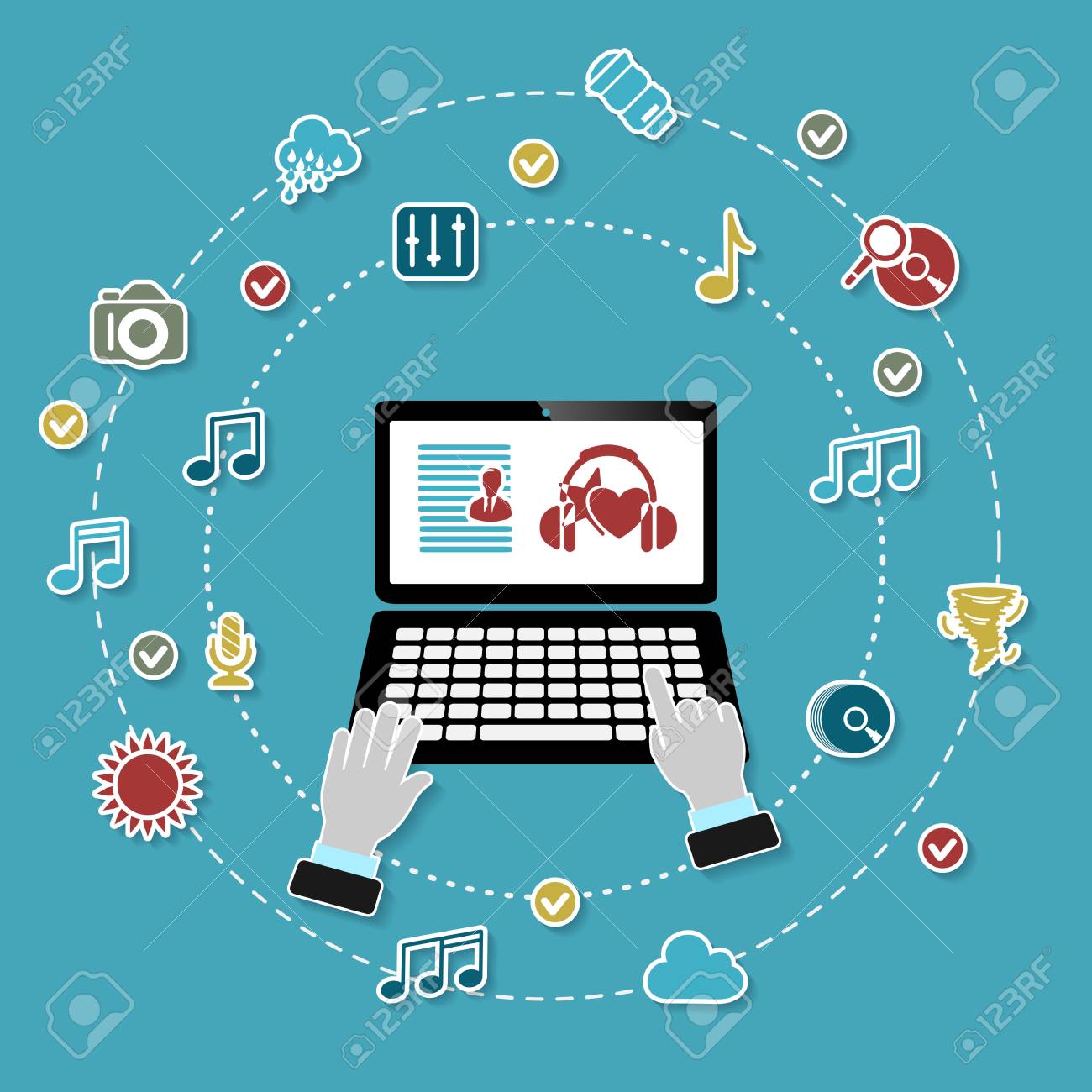 作業ノート パソコンと青の背景にアイコンが付いたメディア概念図 のイラスト素材 ベクタ Image