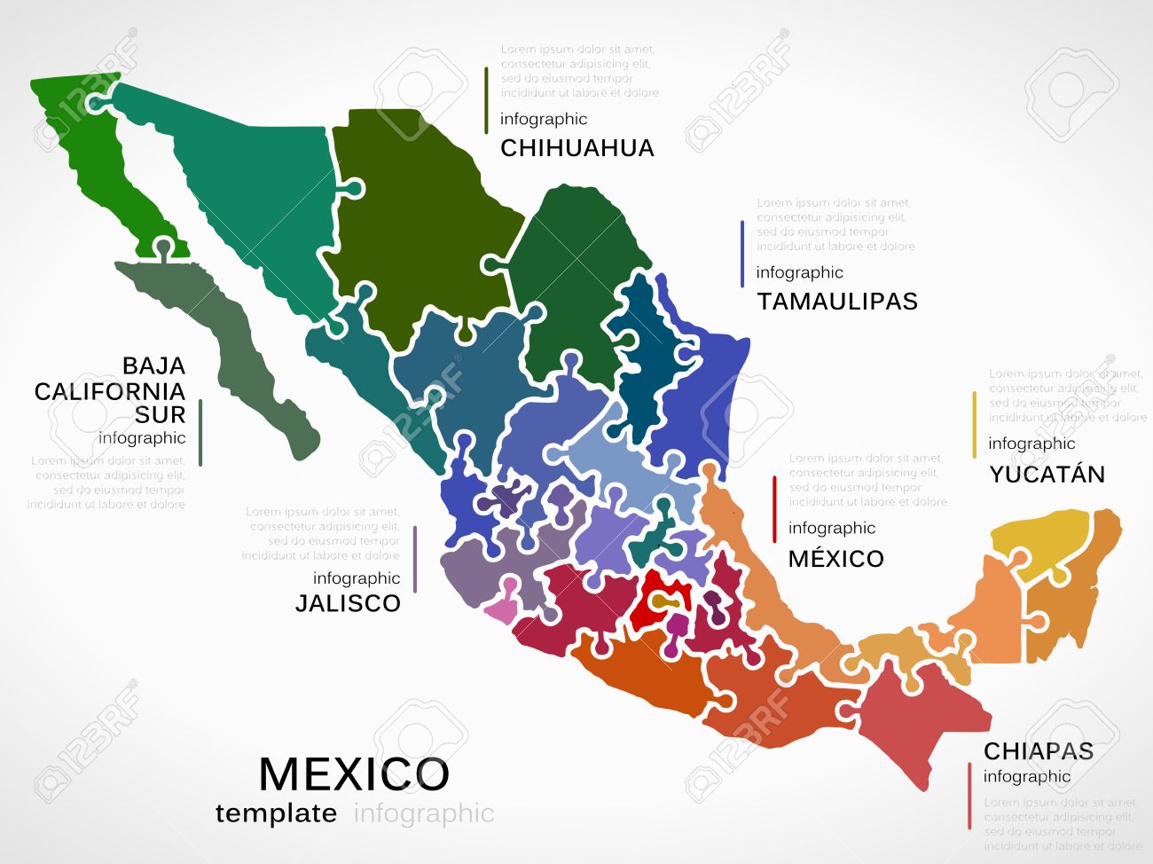map of mexico concept infographic template with states made out of puzzle pieces stock vector