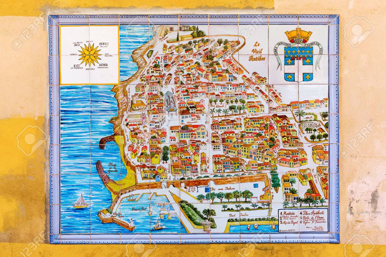 Antibes France July 24 2016 City Map Of Antibes On Wall Stock Photo Picture And Royalty Free Image Image 61177729 Antibes Cartina