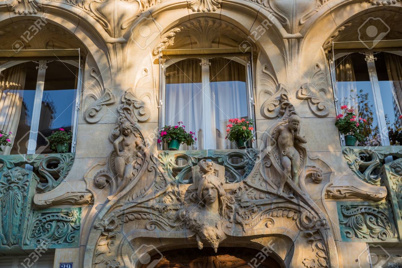 detail of an art nouveau building in paris france stock photo