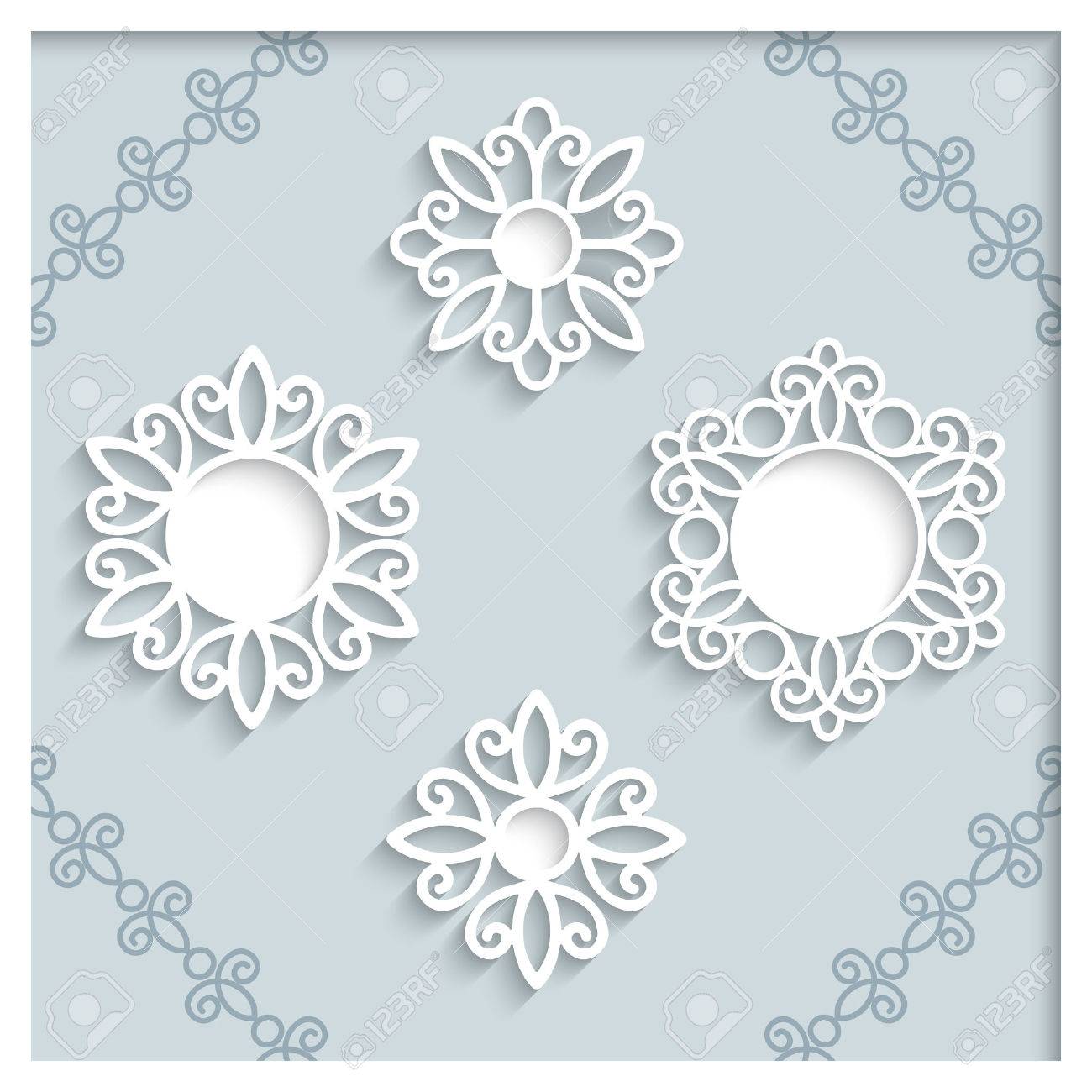 レース フレーム レースの装飾的なビネット丸の切り絵紙ラベルのセット のイラスト素材 ベクタ Image