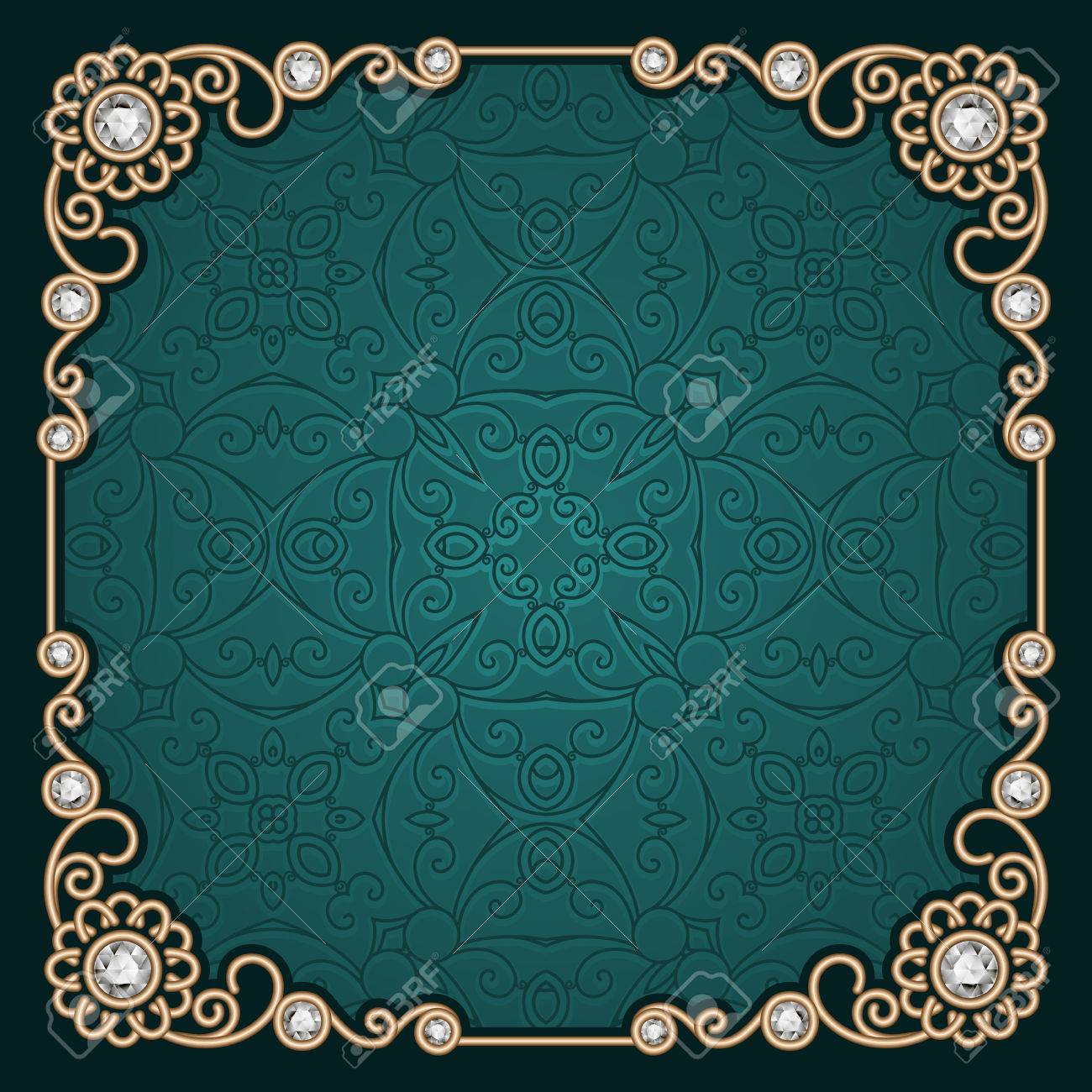 ダイヤモンドで飾られたヴィンテージ金正方形のジュエリー フレーム のイラスト素材 ベクタ Image