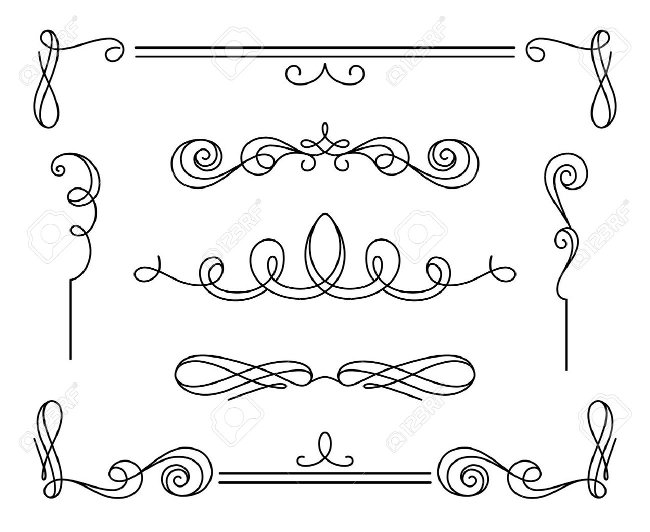 Vintage calligraphic vignettes and dividers, set of decorative design elements in retro style, simple swirls, scroll embellishment on white - 45459101 Vintage calligraphic vignettes and dividers, set of decorative design elements in retro style, simple swirls, scroll embellishment on white - 45459101