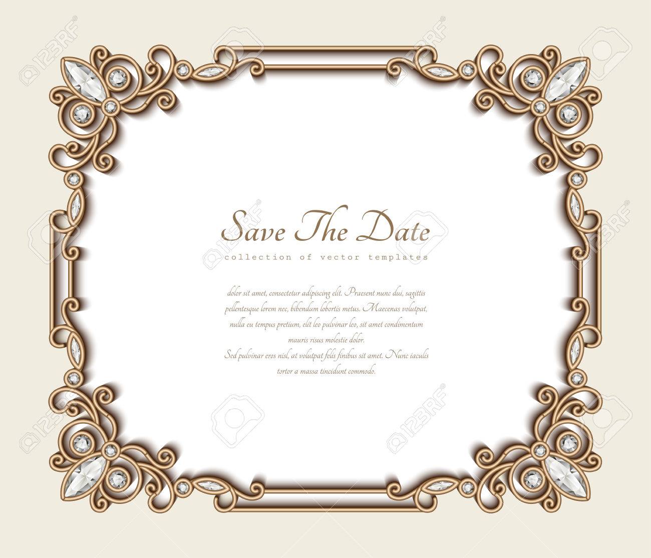 ヴィンテージ ゴールド背景 装飾的な境界線を持つベクトル長方形ジュエリー フレーム保存日付カードや結婚式の招待状のテンプレート Eps10のイラスト 素材 ベクタ Image
