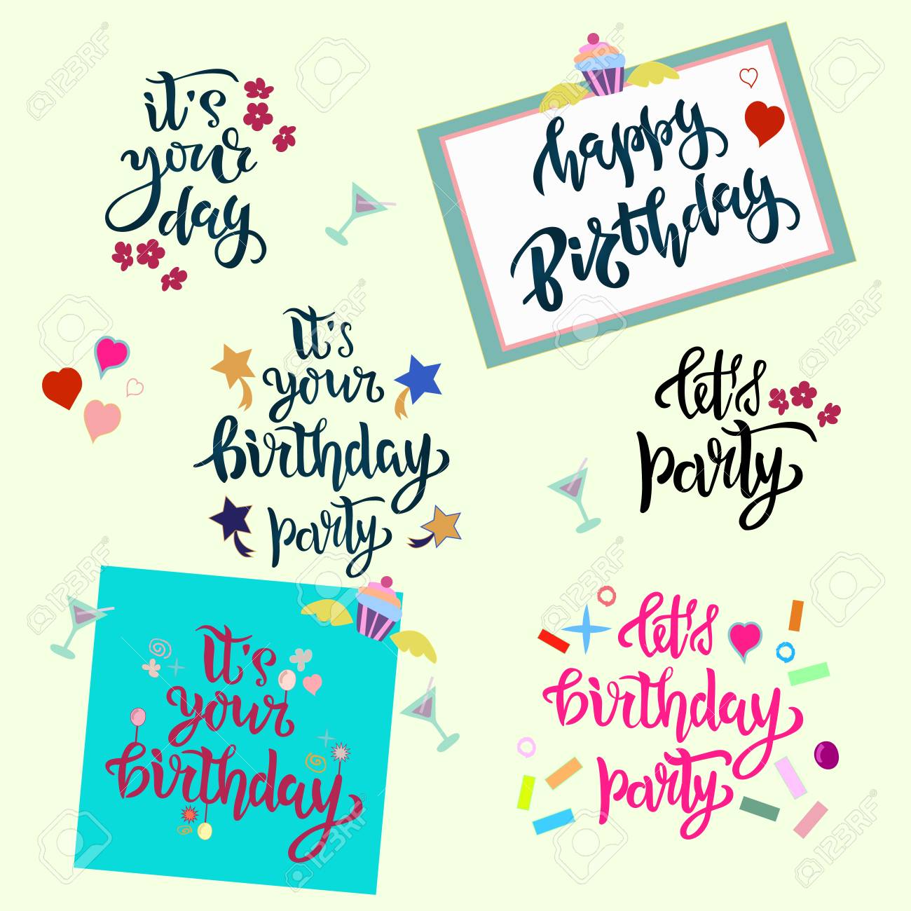 Happy Birthday Hand Drawn Inspirational Motivational Lettering SET, Quote  Postcard, Design Print, Logo, Template, Banner, Sticker. Vector  Illustration With Festive Party Elements Royalty Free SVG, Cliparts,  Vectors, and Stock Illustration. Image 113540871., image size:1300x1300