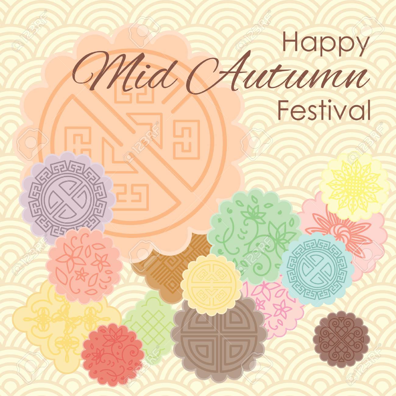 Vector illustration of greeting card for Mid Autumn Festival with traditional mooncakes and pastel ornamental background. - 85187600 Vector illustration of greeting card for Mid Autumn Festival with traditional mooncakes and pastel ornamental background. - 85187600