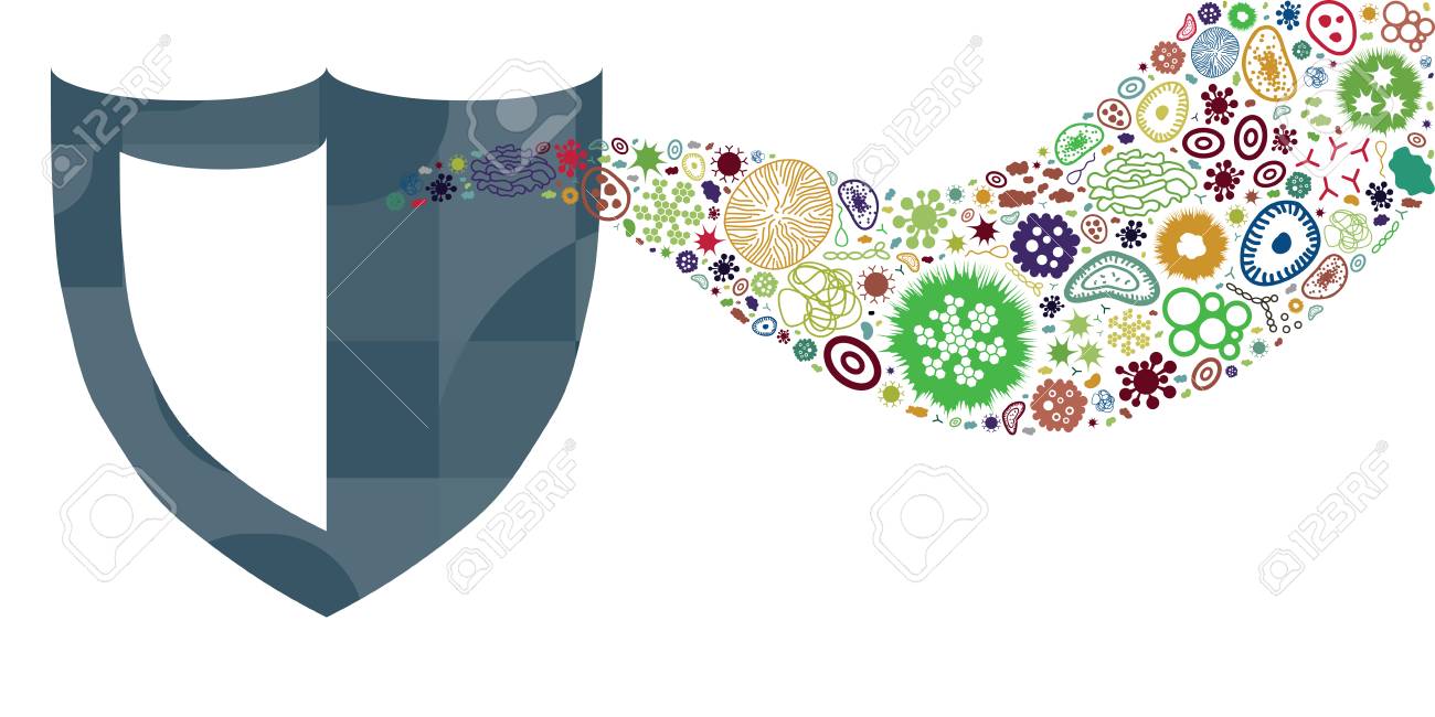 vector illustration of bacteria and pathogens in flow or stream design for health protection concepts with shield - 102568382 vector illustration of bacteria and pathogens in flow or stream design for health protection concepts with shield - 102568382