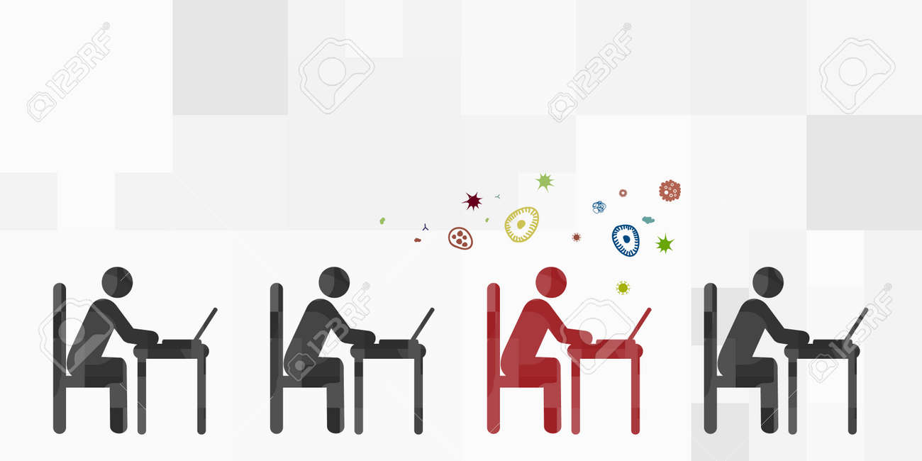 vector illustration of working people group and one infected person spreading bacteria - 168991416 vector illustration of working people group and one infected person spreading bacteria - 168991416
